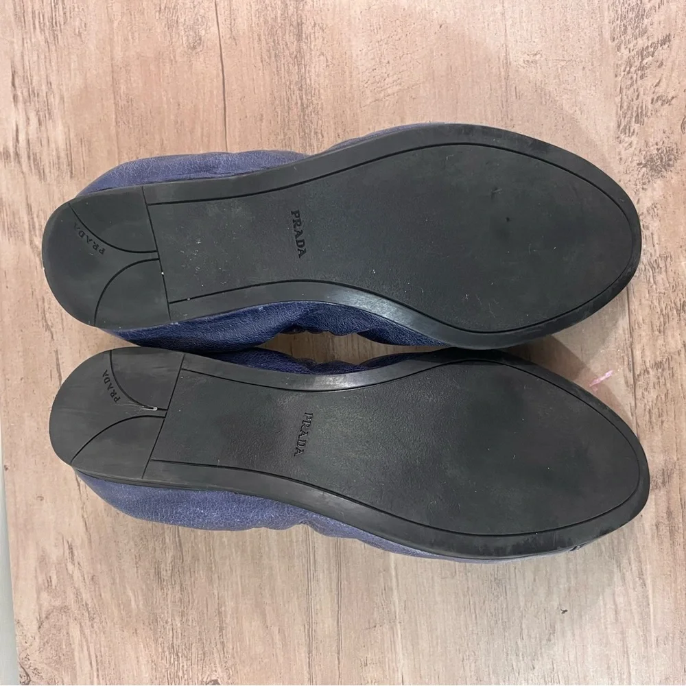 Prada Leather Scrunch Ballet Flats 9.5 Navy Blue 39.5 Made In Italy - Picture 3 of 9